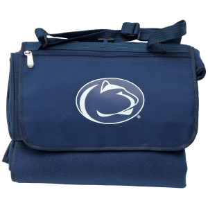 rolled navy outdoor blanket tote with printed Penn State Athletic Logo